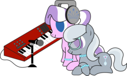 Size: 3153x1879 | Tagged: safe, artist:ideltavelocity, diamond tiara, silver spoon, g4, adorabullies, alternate hairstyle, bracelet, cute, cutie mark, electric piano, headphones, inkscape, jewelry, keyboard, microphone, missing accessory, musical instrument, necklace, pearl necklace, ponytail, prone, simple background, smiling, transparent background, vector