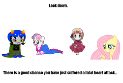 Size: 936x636 | Tagged: safe, fluttershy, sweetie belle, human, pegasus, pony, unicorn, g4, 5-year-old sweetie belle, cute, diasweetes, female, filly, foal, hetalia, homestuck, liechtenstein, mare, nepeta leijon, shyabetes, troll (homestuck)