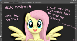 Size: 1366x727 | Tagged: safe, artist:yulyeen, fluttershy, g4, cute, dialogue, female, fourth wall, kallisti, photoshop, photoshopped caption, request, solo