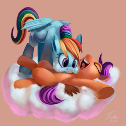 Size: 900x900 | Tagged: safe, artist:tsitra360, rainbow dash, scootaloo, pegasus, pony, g4, blank flank, cloud, cute, eyes closed, female, filly, foal, kallisti, laughing, mare, on a cloud, on back, open mouth, puffy cheeks, raspberry, scootalove, signature, simple background, smiling, spread wings, tickling, tongue out, tummy buzz, underhoof, wings