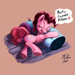 Size: 900x900 | Tagged: safe, artist:tsitra360, pinkie pie, g4, female, kallisti, party cannon, pillow, sleeping, solo, underhoof