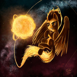 Size: 900x900 | Tagged: safe, artist:tsitra360, spitfire, pegasus, pony, g4, contrail, female, fire, flying, grin, kallisti, looking back, mare, nebula, pony bigger than a star, smiling, smirk, solo, space, spread wings, stars, sun, surreal, trail, wat, windswept mane, wings