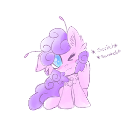Size: 3600x3600 | Tagged: artist needed, safe, oc, oc only, oc:flowertart, mothpony, :t, ear fluff, floppy ears, fluffy, high res, scratching, sitting, solo, wink