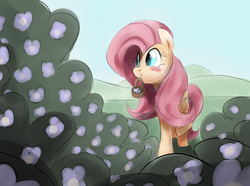 Size: 1280x953 | Tagged: safe, artist:dotkwa, fluttershy, g4, basket, bush, female, flower, mouth hold, outdoors, solo