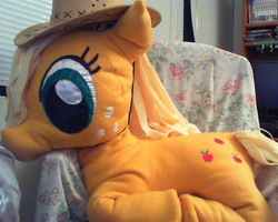 Size: 1280x1024 | Tagged: artist needed, safe, applejack, g4, customized toy, hat, irl, photo, plushie, sitting, solo