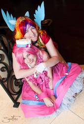 Size: 409x600 | Tagged: safe, pinkie pie, rainbow dash, human, g4, cosplay, irl, irl human, photo