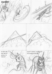 Size: 636x900 | Tagged: safe, artist:leovictor, scootaloo, oc, oc only, oc:nyx, alicorn, pony, alicornified, blood, comic, dialogue, exclamation point, monochrome, mountain, race swap, scootacorn
