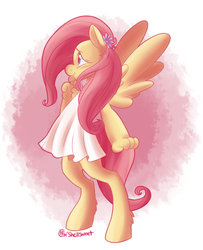 Size: 812x1000 | Tagged: safe, artist:shellsweet, fluttershy, anthro, g4, blushing, clothes, dress, female, flower, flower in hair, looking away, profile, smiling, solo, spread wings, wings