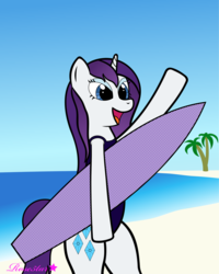 Size: 2398x3003 | Tagged: safe, artist:rose5tar, rarity, pony, unicorn, g4, beach, clothes, female, hawaii, high res, inkscape, ocean, one-piece swimsuit, solo, summer, surfboard, swimsuit, vector