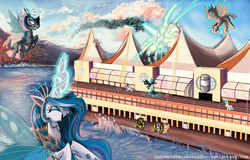 Size: 1280x817 | Tagged: safe, artist:incomplete-obsession, oc, oc only, oc:queen volucris, changeling, changeling queen, bronycan, canada place, changeling queen oc, female, forklift, ice changeling, invasion