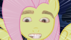 Size: 1280x720 | Tagged: safe, edit, edited screencap, screencap, fluttershy, g4, stare master, eyes, female, horror, nicolas cage, nightmare fuel, not salmon, solo, stare, the stare, wat