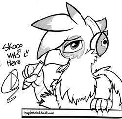 Size: 1280x1249 | Tagged: safe, artist:skoop, oc, oc only, oc:skoop, griffon, ask, bedroom eyes, blog, drawing, grin, headphones, looking at you, monochrome, open mouth, pencil, scratching, sketch, smiling, solo, tumblr