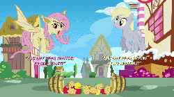 Size: 960x540 | Tagged: artist needed, source needed, safe, derpy hooves, fluttershy, pegasus, pony, g4, advertisement, animated, apple, bucket, dialogue, female, flutterbat, flying, food, mare, muffin, parody, reese's