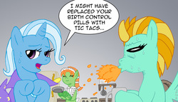 Size: 933x532 | Tagged: safe, artist:adenyne, lightning dust, trixie, oc, oc:mary annette, g4, clothes, maid, male, simpsons did it, spit take, the simpsons