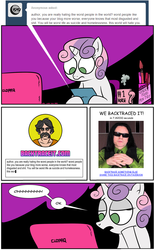 Size: 1189x1920 | Tagged: safe, artist:catfood-mcfly, sweetie belle, human, g4, ankle-sock moustache man, ask, comic, computer, disappointed, engrish, fury belle, irl, irl human, laptop computer, mug, photo, sunglasses, tommy wiseau, tumblr, website