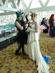 Size: 1536x2048 | Tagged: artist needed, safe, artist:marzipan cosplay, princess cadance, queen chrysalis, human, g4, 2012, bouquet, clothes, convention, cosplay, gloves, irl, irl human, otakon, photo, veil