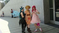 Size: 1920x1080 | Tagged: safe, applejack, pinkie pie, queen chrysalis, human, g4, cosplay, irl, irl human, photo