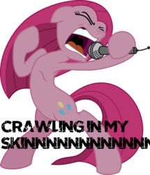 Size: 879x1024 | Tagged: safe, artist:ceehoff, artist:patec, pinkie pie, g4, angry, chester bennington, crawling in my skin, ears back, eyes closed, female, linkin park, lyrics, microphone, open mouth, pinkamena diane pie, punkamena, punkie pie, screaming, simple background, singing, solo, transparent background, vector, yelling