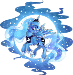 Size: 663x675 | Tagged: dead source, safe, artist:feyrah, princess luna, alicorn, pony, g4, backlighting, colored pencil drawing, eyes closed, female, full moon, mid-flight, moon, simple background, smiling, solo, spread wings, traditional art, transparent background, turned head, wings