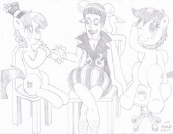 Size: 3308x2552 | Tagged: safe, artist:mc-ryan, oc, oc:kryptfoal, spider, bentham, crossover, glitter shell, high res, monochrome, one piece, tea, tea party