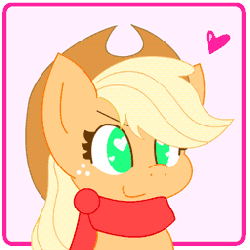 Size: 256x256 | Tagged: safe, artist:sohmasatori, part of a set, applejack, earth pony, pony, g4, animated, bouncing, chibi, clothes, cute, female, freckles, hat, heart, heart eyes, jackabetes, mare, scarf, smiling, solo, wingding eyes