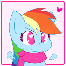 Size: 256x256 | Tagged: safe, artist:sohmasatori, part of a set, rainbow dash, pegasus, pony, g4, animated, bouncing, chibi, clothes, cute, dashabetes, female, flapping, floating wings, heart, heart eyes, scarf, smiling, solo, wingding eyes