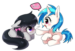 Size: 700x469 | Tagged: dead source, safe, artist:re_ghotion, dj pon-3, octavia melody, vinyl scratch, earth pony, pony, unicorn, g4, blushing, boop, bow, curled up, cute, daaaaaaaaaaaw, eye contact, female, filly, filly octavia, filly vinyl scratch, floppy ears, hair bow, looking at each other, open mouth, prone, simple background, sitting, smiling, speech bubble, sweat, tavibetes, vinylbetes, white background, younger