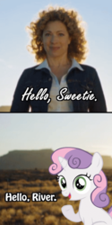 Size: 400x800 | Tagged: safe, sweetie belle, human, pony, unicorn, g4, doctor who, female, filly, human female, joke, pun, river song (doctor who), silly
