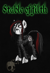 Size: 1006x1457 | Tagged: safe, artist:dreadcoffins, pony, blackletter, cradle of filth, dani filth, dead, earring, human skull, lip piercing, metal, piercing, ponified, skull, solo, tail wrap