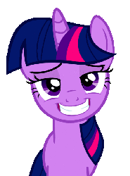 Size: 500x676 | Tagged: safe, twilight sparkle, pony, unicorn, animated, blinking, bust, female, grin, lidded eyes, looking at you, open mouth, raised eyebrow, simple background, smiling, solo, transparent background