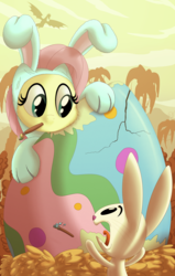 Size: 2227x3500 | Tagged: safe, artist:pirill, angel bunny, fluttershy, dragon, pegasus, pony, rabbit, g4, bunny costume, bunnyshy, clothes, costume, cracked, cute, easter, easter egg, egg, female, fluffy, high res, mouth hold, open mouth, paintbrush, painting, tongue out