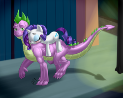 Size: 1200x953 | Tagged: safe, artist:pia-sama, rarity, spike, dragon, pony, g4, all fours, blushing, cute, female, male, mare, older, older spike, ponies riding dragons, quadrupedal spike, rarity riding spike, riding, ship:sparity, shipping, straight
