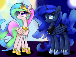 Size: 1024x761 | Tagged: safe, artist:madacon, princess celestia, princess luna, alicorn, pony, g4, day, duo, female, full body, looking back, looking up, mare, moon, night, royal sisters, siblings, sisters, sun
