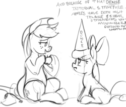 Size: 1500x1279 | Tagged: safe, artist:dimfann, apple bloom, applejack, earth pony, pony, g4, apple, dialogue, dunce hat, grayscale, hat, lineart, monochrome, sketch, that pony sure does love apples