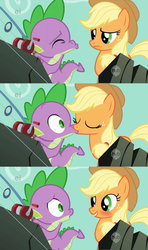 Size: 1920x3240 | Tagged: safe, artist:dtkraus, edit, edited screencap, screencap, applejack, spike, dragon, earth pony, pony, a dog and pony show, g4, blushing, comic, cute, female, frown, grin, interspecies, kiss edit, kiss on the lips, kissing, kissy face, male, open mouth, raised eyebrow, scene parody, ship:applespike, shipping, smiling, straight, surprise kiss, surprised, wide eyes