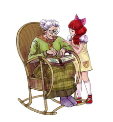Size: 833x900 | Tagged: safe, artist:yanabau, apple bloom, granny smith, human, g4, adorabloom, adorasmith, apple bloom's bow, book, bow, chair, clothes, cottagecore, cute, dress, featured image, female, glasses, grandmother and grandchild, grandmother and granddaughter, hair bow, human coloration, humanized, photo album, rocking chair, simple background, sitting, smiling, white background