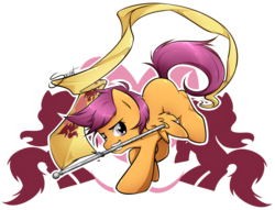 Size: 928x708 | Tagged: safe, artist:secret-pony, scootaloo, pegasus, pony, equestria games (episode), g4, cutie mark crusaders flag, equestria games, female, filly, flag, grin, mouth hold, smiling, solo