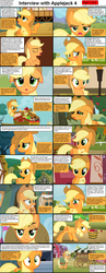 Size: 1282x3304 | Tagged: safe, applejack, earth pony, pony, comic:celestia's servant interview, g4, apple, blushing, caption, comic, cs captions, female, floppy ears, hoof in mouth, interview, mare