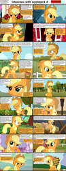 Size: 1282x3304 | Tagged: safe, applejack, earth pony, pony, comic:celestia's servant interview, g4, apple, caption, comic, cs captions, female, floppy ears, interview, mare, scootaloo will show us games to play