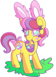 Size: 2200x3000 | Tagged: safe, artist:dolcisprinkles, skedoodle, g3, basket, bow, bunny ears, easter, easter egg, female, heart eyes, high res, mouth hold, simple background, solo, starry eyes, tail bow, transparent background, wingding eyes