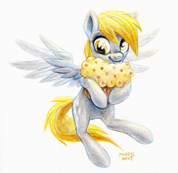 Size: 1163x1133 | Tagged: safe, artist:kaermter, derpy hooves, pegasus, pony, g4, female, mare, muffin, solo, traditional art