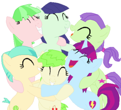 Size: 417x381 | Tagged: safe, artist:berrypunchrules, blueberry cake, cherry crash, drama letter, mystery mint, starlight, tennis match, watermelody, earth pony, hybrid, pegasus, pony, unicorn, equestria girls, g4, background human, base used, equestria girls ponified, group hug, ms paint, ponified
