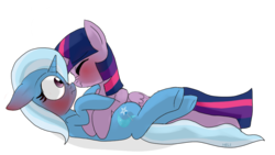 Size: 870x489 | Tagged: safe, artist:misspolycysticovary, trixie, twilight sparkle, alicorn, pony, unicorn, g4, blushing, boop, duo, eyes closed, female, floppy ears, frown, lesbian, mare, nose wrinkle, noseboop, on back, scrunchy face, ship:twixie, shipping, simple background, transparent background, twilight sparkle (alicorn), wide eyes