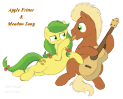 Size: 817x658 | Tagged: safe, artist:haretrinity, apple fritter, meadow song, earth pony, pony, g4, apple family member, duo, feeding, female, guitar, male, mare, meadowfritter, musical instrument, shipping, simple background, stallion, straight, transparent background