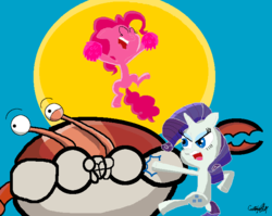Size: 658x523 | Tagged: safe, artist:cartoonsfaller84, pinkie pie, rarity, oc, oc:tom the crab, giant crab, g4, cheering, fight, rarity fighting a giant crab