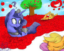 Size: 900x720 | Tagged: safe, artist:aquaticsun, applejack, princess luna, g4, apple, dream, dream walker luna, kallisti, pile, swimming, that pony sure does love apples