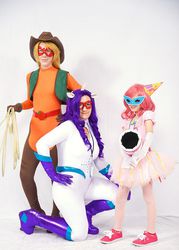 Size: 572x800 | Tagged: safe, artist:mikotocosplay, artist:nyunyucosplay, applejack, mistress marevelous, pinkie pie, radiance, rarity, human, g4, power ponies (episode), clothes, cosplay, costume, evening gloves, hat, irl, irl human, mask, masquerade mask, party cannon, party hat, photo, power ponies, superhero, target demographic, tutu