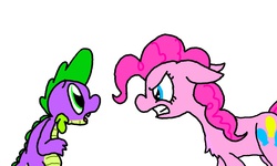 Size: 854x512 | Tagged: safe, artist:ask-labstarters, pinkie pie, spike, dragon, earth pony, pony, g4, my little pony: friendship is magic, party of one, angry, duo, duo male and female, female, looking at each other, looking at someone, male, sad, scene interpretation, spike-daily, wingless spike