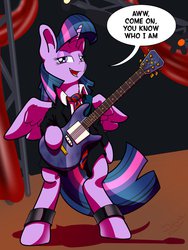 Size: 774x1032 | Tagged: safe, artist:annacurser, twilight sparkle, alicorn, pony, g4, ac/dc, angus young, clothes, electric guitar, female, guitar, mare, musical instrument, necktie, rock (music), solo, stage, twilight sparkle (alicorn)