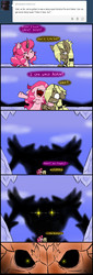 Size: 950x2800 | Tagged: safe, artist:ichibangravity, king sombra, pinkie pie, oc, umbrum, ask king sombra pie, g4, behind you, hug, possessed, triste savoir, tumblr